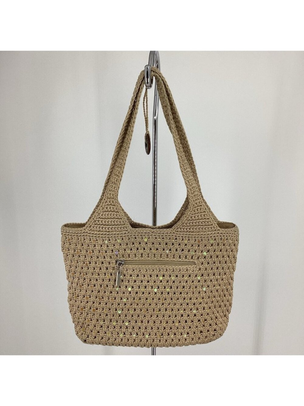 The Sak Women's Beige Crochet Shoulder Bag Brown Beige Sequins Pockets Medium